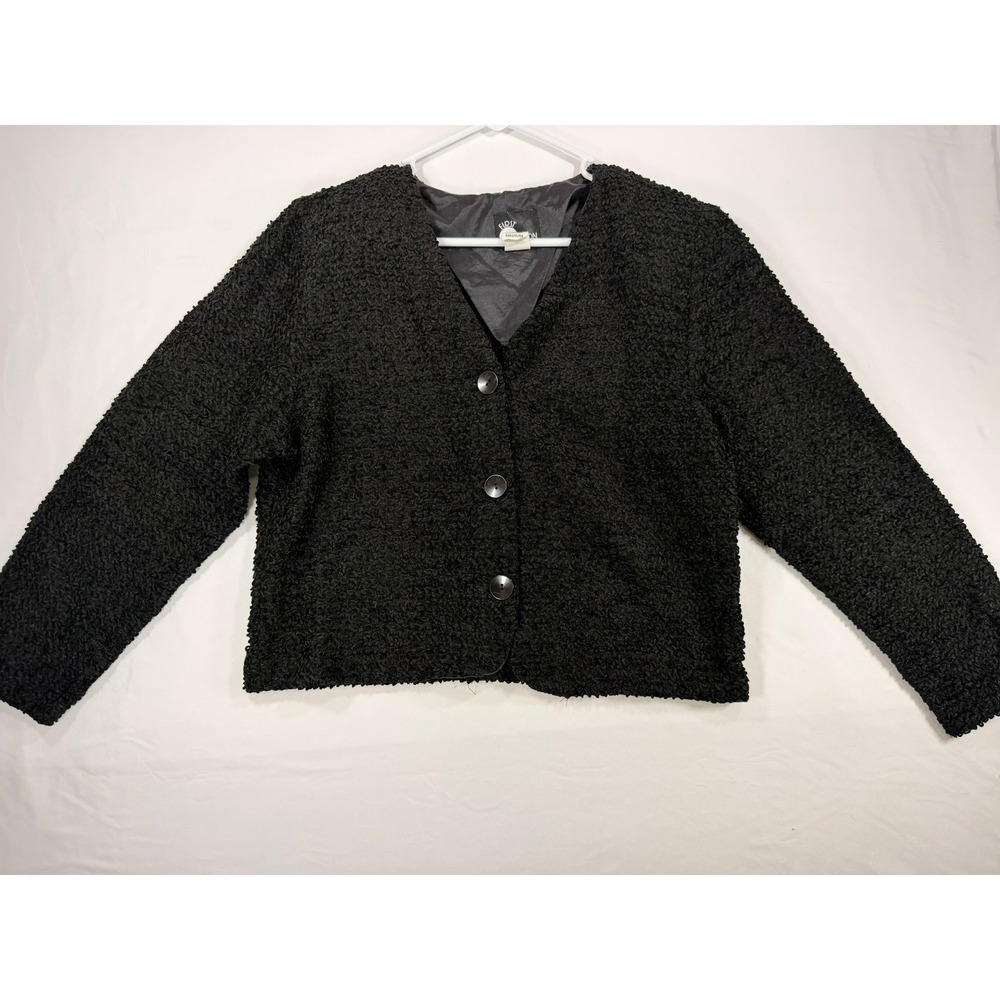 First Option Textured Boucle Jacket Women‎ Medium Black V-Neck Button Up